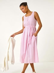 Roman Pink Pinstripe Belted 100% Cotton Midi Dress - Image 1 of 5