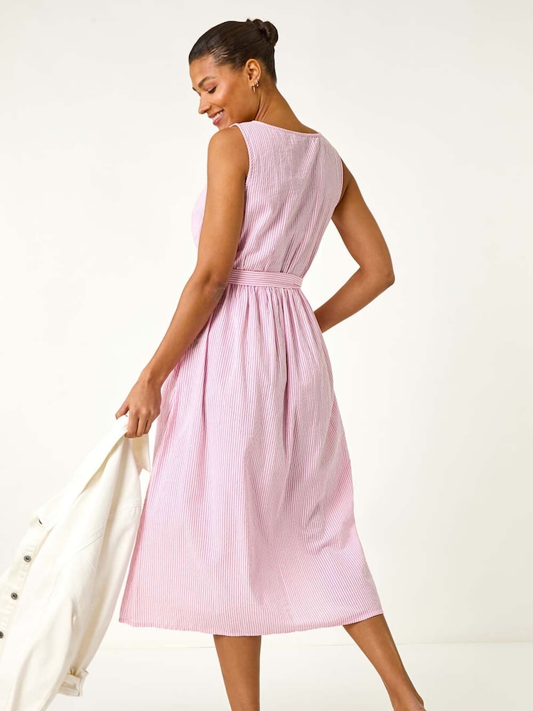 Roman Pink Pinstripe Belted 100% Cotton Midi Dress - Image 3 of 5