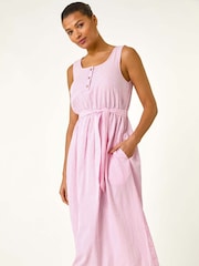 Roman Pink Pinstripe Belted 100% Cotton Midi Dress - Image 4 of 5