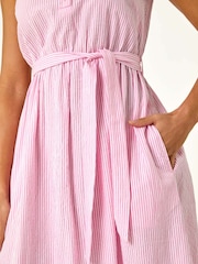 Roman Pink Pinstripe Belted 100% Cotton Midi Dress - Image 5 of 5