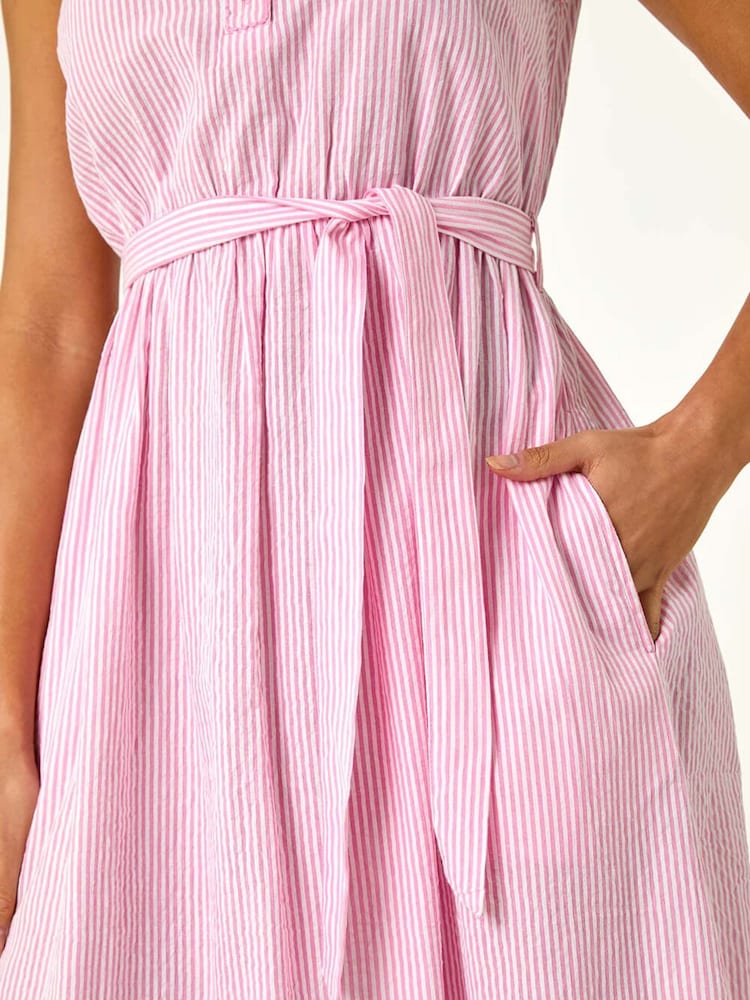 Roman Pink Pinstripe Belted 100% Cotton Midi Dress - Image 5 of 5