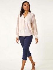 Roman Pink Chiffon Sleeve V-Neck Pleated Top - Image 1 of 5