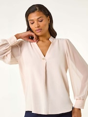 Roman Pink Chiffon Sleeve V-Neck Pleated Top - Image 4 of 5