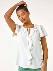 Roman White Frilled Sleeve Tie Front Top - Image 1 of 5