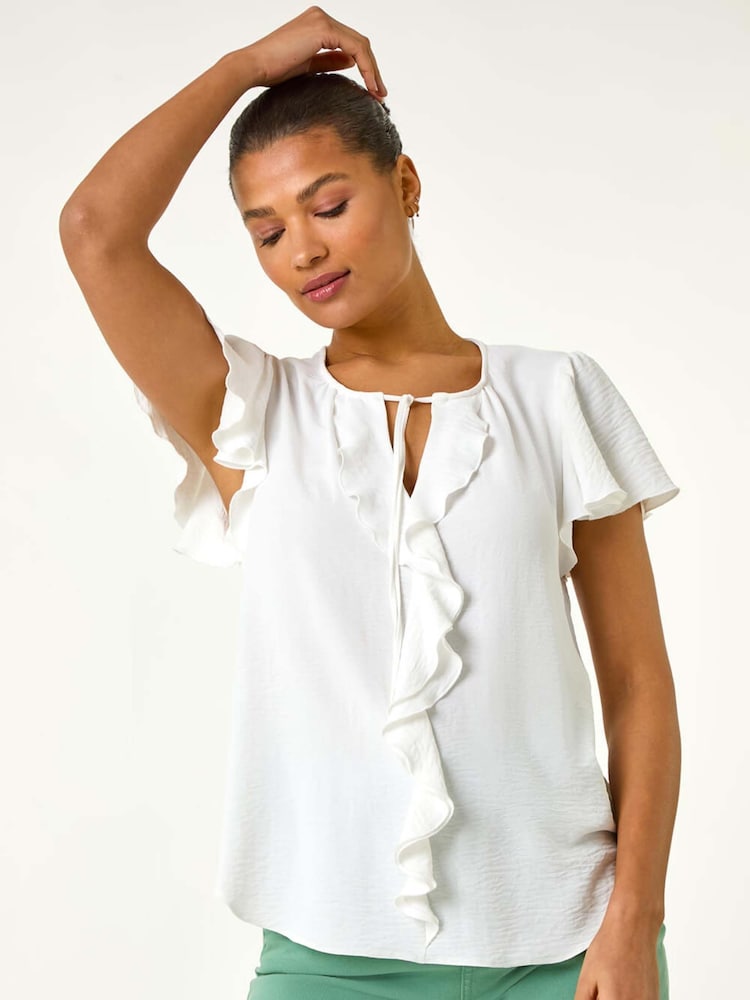Roman White Frilled Sleeve Tie Front Top - Image 1 of 5