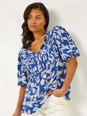 Roman Blue Leaf Print Tie Neck Pleated Top - Image 1 of 5