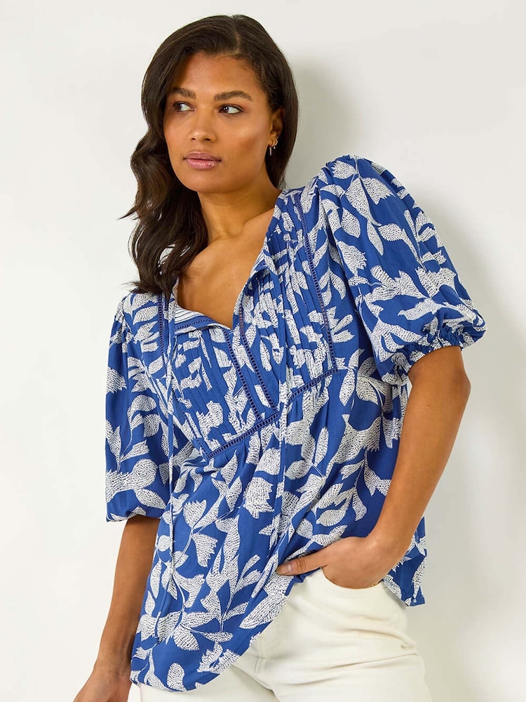 Roman Blue Leaf Print Tie Neck Pleated Top - Image 1 of 5