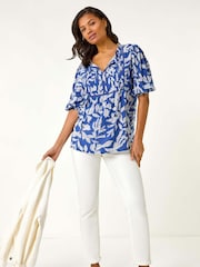 Roman Blue Leaf Print Tie Neck Pleated Top - Image 2 of 5
