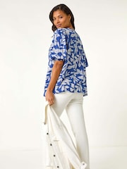 Roman Blue Leaf Print Tie Neck Pleated Top - Image 3 of 5