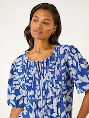 Roman Blue Leaf Print Tie Neck Pleated Top - Image 4 of 5