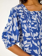 Roman Blue Leaf Print Tie Neck Pleated Top - Image 5 of 5