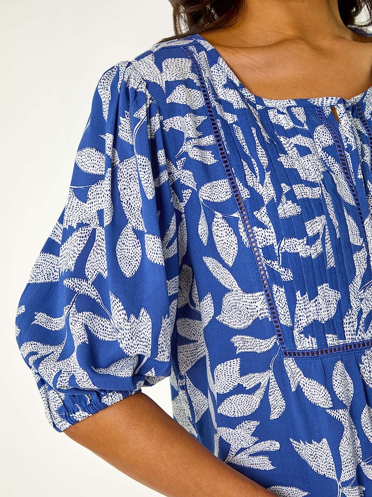 Roman Blue Leaf Print Tie Neck Pleated Top - Image 5 of 5