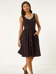 Roman Black Contrast V-Neck Stretch Midi Dress - Image 2 of 5