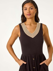 Roman Black Contrast V-Neck Stretch Midi Dress - Image 4 of 5