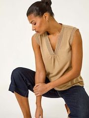 Roman Natural Lace Trim Tie V-Neck 100% Cotton Blouse - Image 1 of 5