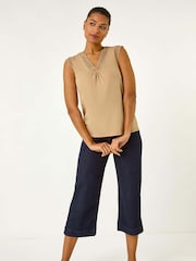 Roman Natural Lace Trim Tie V-Neck 100% Cotton Blouse - Image 2 of 5