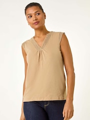 Roman Natural Lace Trim Tie V-Neck 100% Cotton Blouse - Image 4 of 5