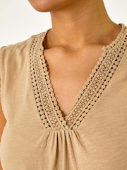 Roman Natural Lace Trim Tie V-Neck 100% Cotton Blouse - Image 5 of 5