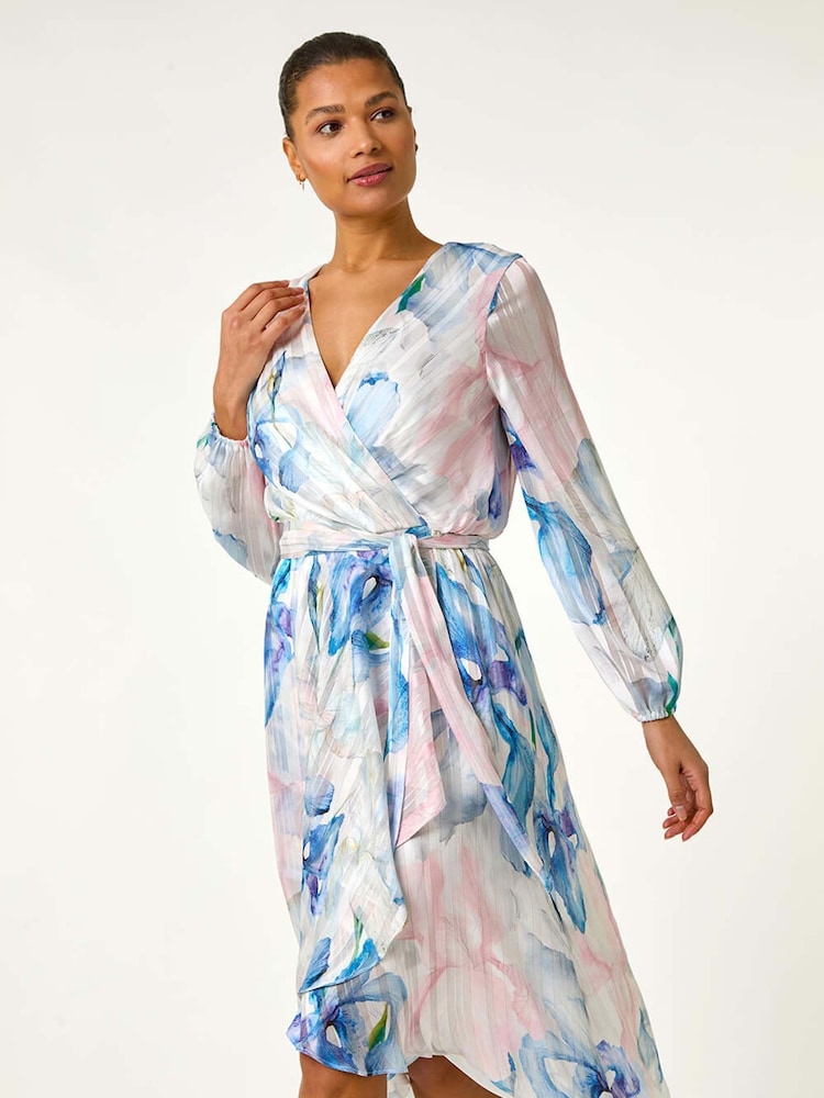 Roman Blue Ruffle Midi Wrap Dress - Image 3 of 5