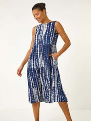 Roman Blue Tie Dye Print Sleeveless Smock Dress - Image 3 of 5