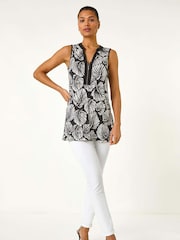 Roman Black Leaf Print Zip Front Stretch Top - Image 2 of 5