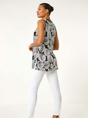 Roman Black Leaf Print Zip Front Stretch Top - Image 3 of 5