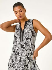 Roman Black Leaf Print Zip Front Stretch Top - Image 4 of 5