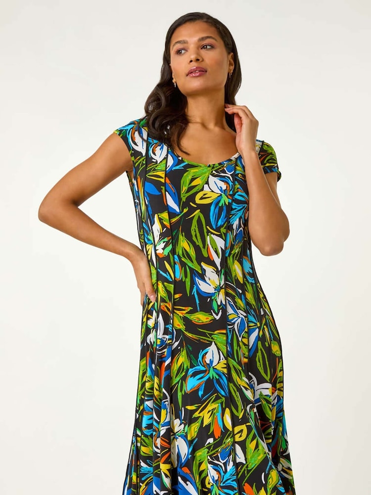 Roman Green Floral Print Panel Detail Stretch Dress - Image 1 of 1