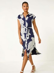 Roman Blue Floral Print Stretch Shirt Dress - Image 1 of 5