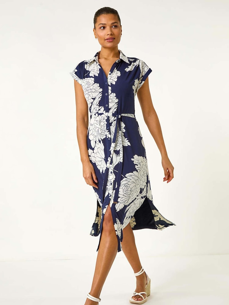 Roman Blue Floral Print Stretch Shirt Dress - Image 1 of 5