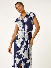 Roman Blue Floral Print Stretch Shirt Dress - Image 2 of 5