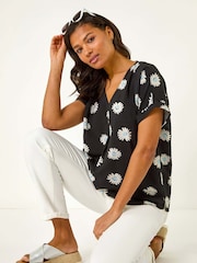 Roman Black Daisy Print Pleat Front Top - Image 1 of 5
