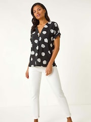 Roman Black Daisy Print Pleat Front Top - Image 2 of 5