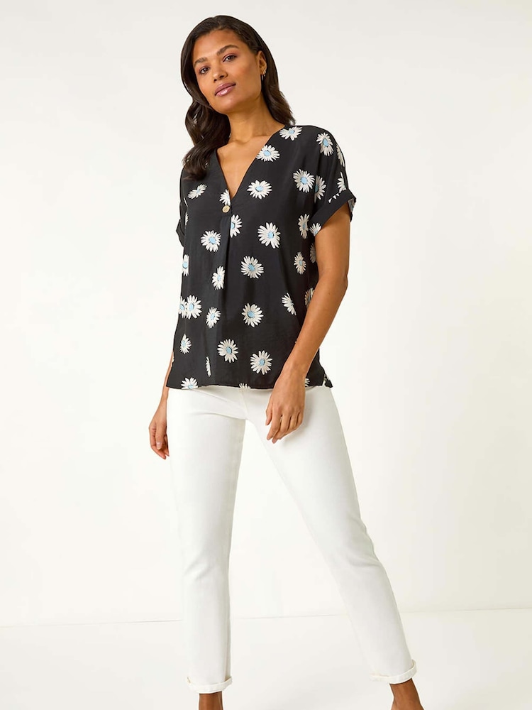 Roman Black Daisy Print Pleat Front Top - Image 2 of 5
