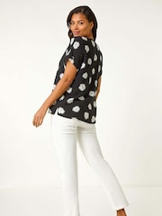 Roman Black Daisy Print Pleat Front Top - Image 3 of 5