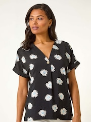 Roman Black Daisy Print Pleat Front Top - Image 4 of 5