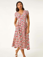 Roman Red Floral Print Tea Midi Dress - Image 1 of 5