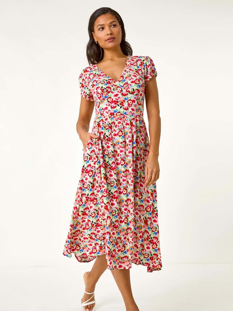 Roman Red Floral Print Tea Midi Dress - Image 1 of 5