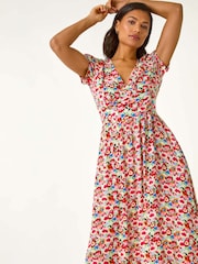 Roman Red Floral Print Tea Midi Dress - Image 2 of 5