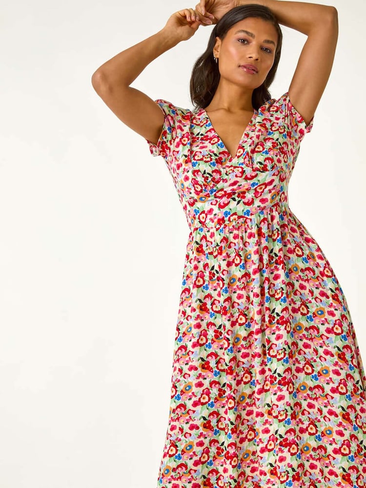 Roman Red Floral Print Tea Midi Dress - Image 2 of 5
