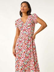 Roman Red Floral Print Tea Midi Dress - Image 4 of 5