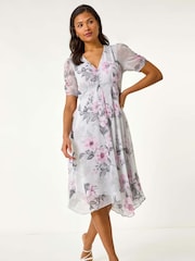 Roman Pink Floral Print Hanky Hem Midi Dress - Image 1 of 5