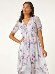 Roman Pink Floral Print Hanky Hem Midi Dress - Image 2 of 5