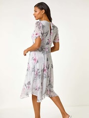 Roman Pink Floral Print Hanky Hem Midi Dress - Image 3 of 5