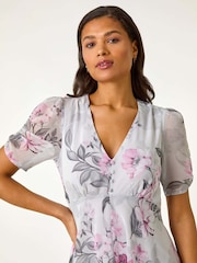 Roman Pink Floral Print Hanky Hem Midi Dress - Image 4 of 5
