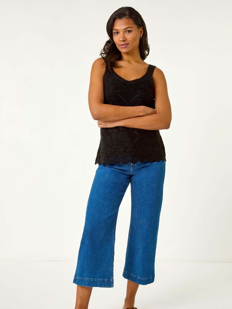 Roman Black 100% Cotton Crochet Knit Vest Top - Image 2 of 5