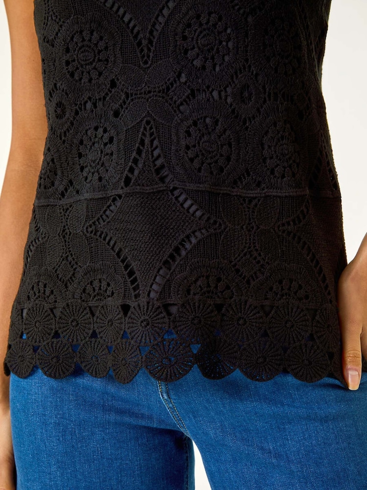Roman Black 100% Cotton Crochet Knit Vest Top - Image 5 of 5