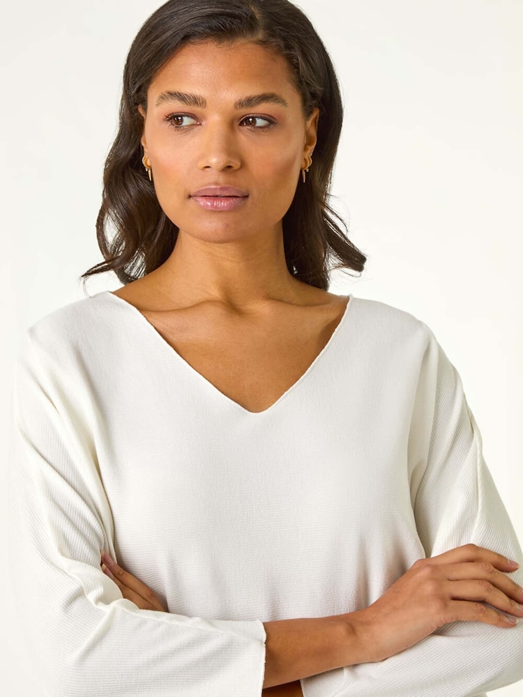 Roman White Ribbed V-Neck Stretch Top - Image 1 of 5