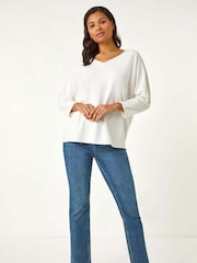 Roman White Ribbed V-Neck Stretch Top - Image 2 of 5