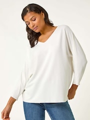 Roman White Ribbed V-Neck Stretch Top - Image 4 of 5